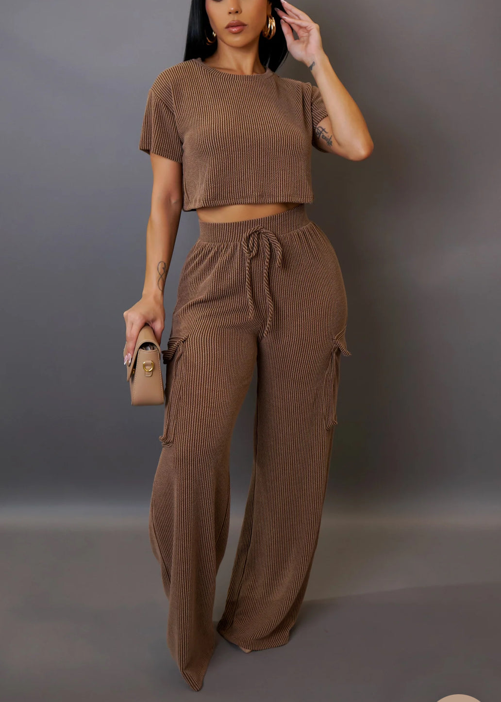 Brown 2 piece cargo style pants set