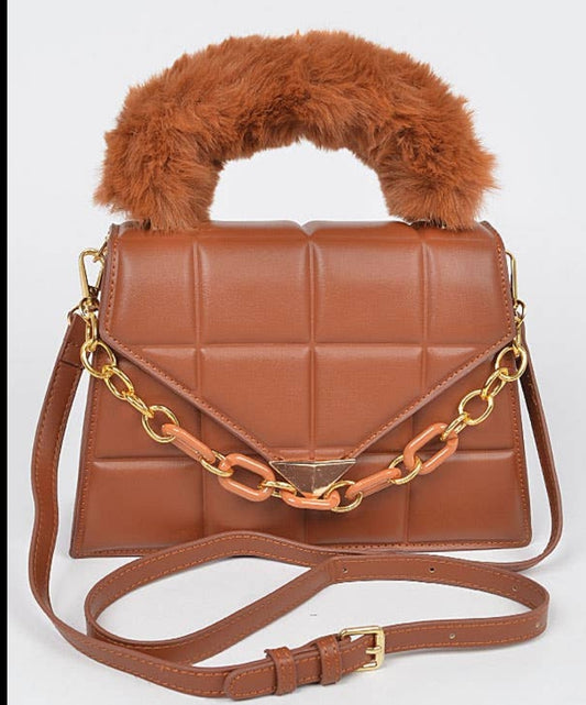 Brown purse with faux fur handle